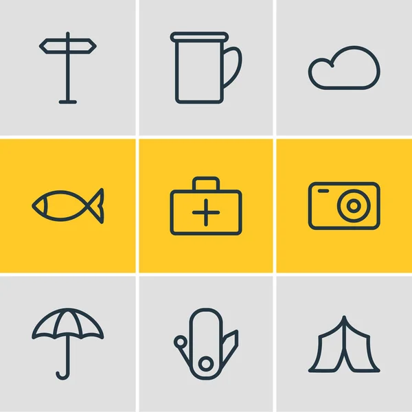 Vektor illusztrációja 9 tábor ikonok vonal stílusban. Esernyő-, hal-, jelző- és egyéb ikonelemek szerkeszthető készlete. — Stock Vector