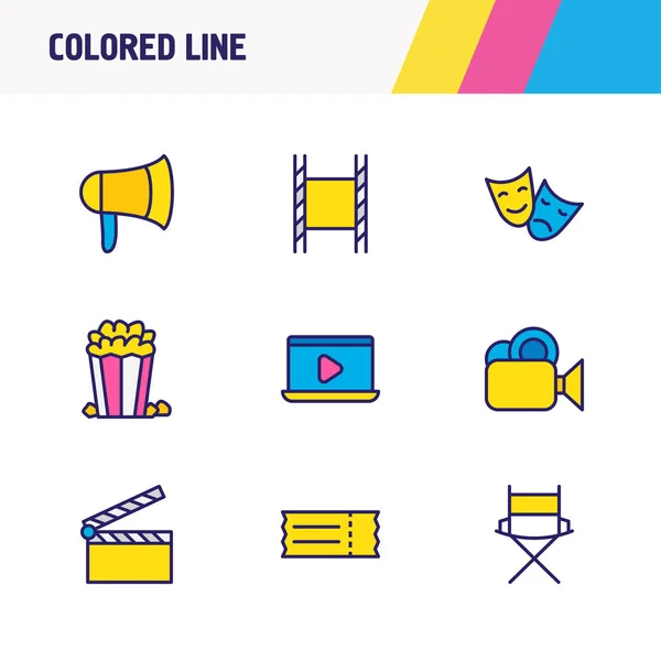 Ilustración vectorial de 9 iconos de cine de línea de colores. Conjunto editable de aplausos, silla de director, película en el ordenador portátil y otros elementos del icono . — Archivo Imágenes Vectoriales