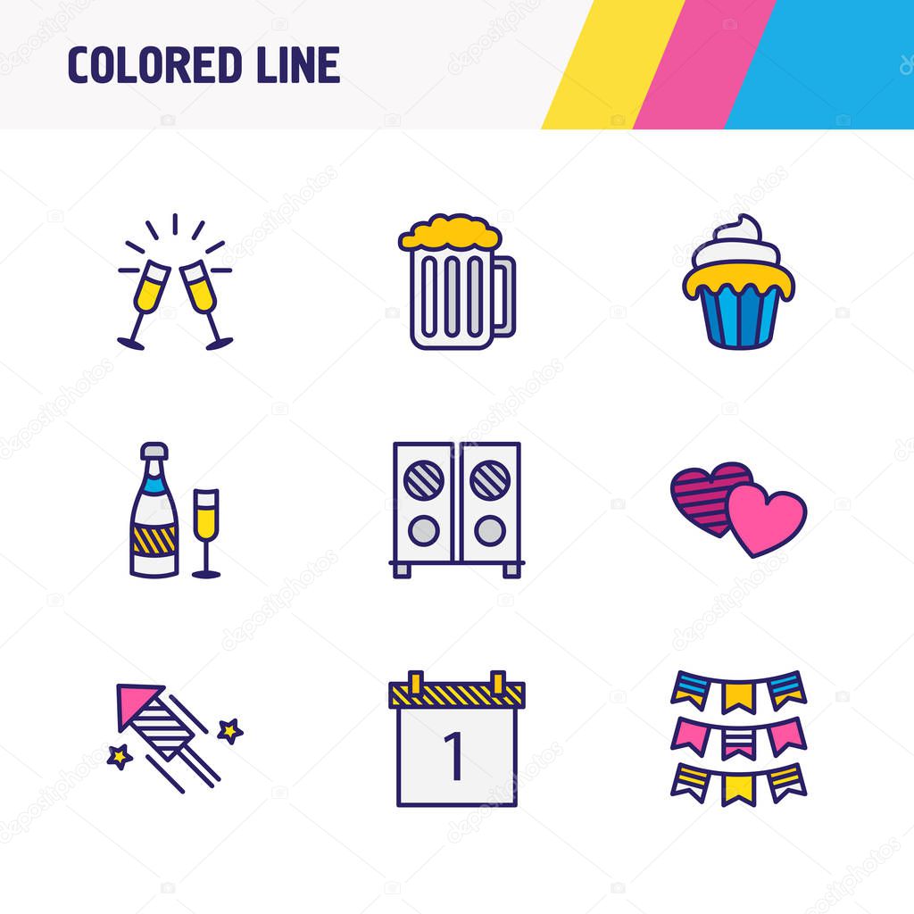 Vector illustration of 9 party icons colored line. Editable set of calendar, muffin, beer and other icon elements.