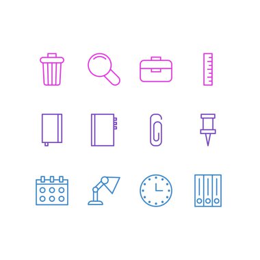 12 kırtasiye simgesi satır biçiminin vektör illüstrasyonu. Düzenlenebilir çöp kutusu, metin defteri, defter ve diğer simge ögeleri kümesi.