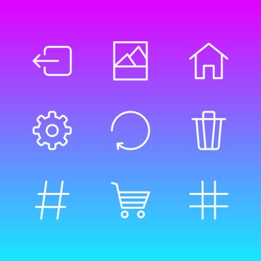 9 ek simge çizgisi biçiminin vektör illüstrasyonu. Düzenlenebilir hashtag seti, çöp kutusu, ev ve diğer simge ögeleri.