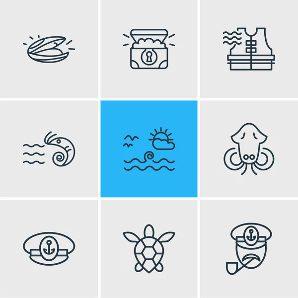 Vector illustratie van 9 marine iconen lijn stijl. Bewerkbare set van kapiteins, inktvissen, kapiteins en andere icoon elementen. — Stockvector