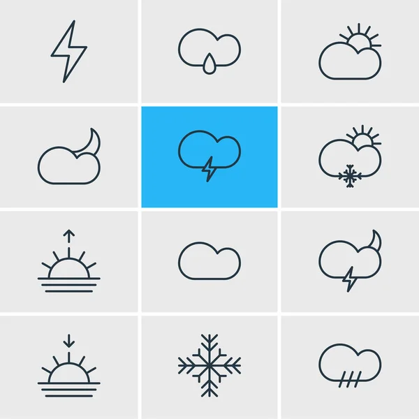 Ilustración vectorial de 12 iconos meteorológicos estilo de línea. Conjunto editable de nieve, puesta de sol, lluvia y otros elementos del icono . — Archivo Imágenes Vectoriales