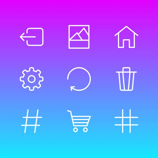 Ilustración vectorial del estilo de línea de 9 iconos de anexo. Conjunto editable de hashtag, papelera, hogar y otros elementos del icono . — Archivo Imágenes Vectoriales