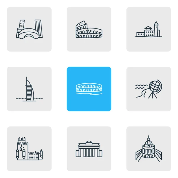 Ilustración vectorial de 9 iconos de la cultura estilo de línea. Conjunto editable de capa norte, arena di verona, coliseo y otros elementos del icono . — Archivo Imágenes Vectoriales