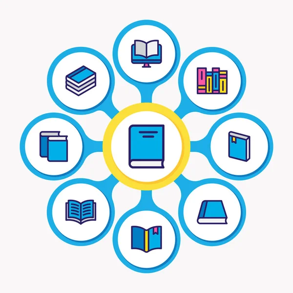 Illustratie van 9 boek pictogrammen gekleurde lijn. Bewerkbare set van onderwijs, informatie, encyclopedie en andere icoon elementen. — Stockfoto