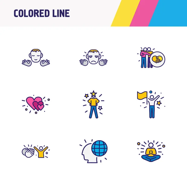 Ilustración de 9 iconos emoticonos línea de color. Conjunto editable de amistad, éxito, meditación y otros elementos del icono . —  Fotos de Stock