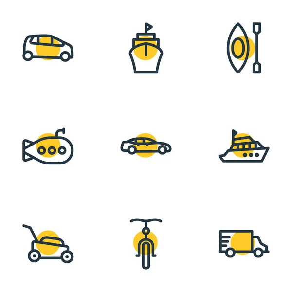 Ilustración de 9 iconos de vehículos estilo de línea. Conjunto editable de bicicletas, barcos, coches medianos y otros elementos del icono . — Foto de Stock