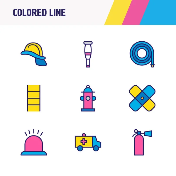 Ілюстрація 9 значків необхідності кольорової лінії. Набір сирени, драбини, швидкої допомоги та інших елементів піктограми . — стокове фото