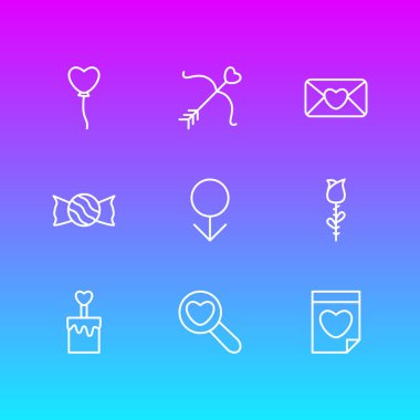 9 tutku simgesi çizgi tarzının vektör illüstrasyonu. Bulma, e- posta, yay ve diğer simge ögelerinin düzenlenebilir kümesi.