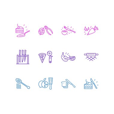 12 çatal bıçak simgesinin vektör çizimi. Düzenlenebilir kümes hayvanları makasları, zester, domates bıçağı ve diğer ikon elementler..