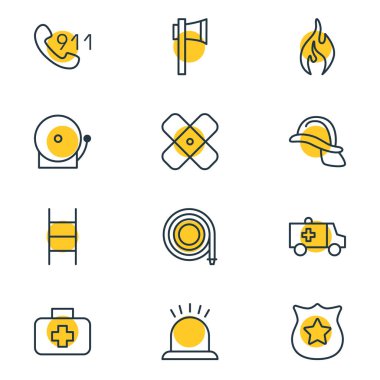 12 acil durum simgesi çizgisi biçiminin vektör illüstrasyonu. Düzenlenebilir ilk yardım kutusu, siren, ambulans ve diğer simge ögeleri.