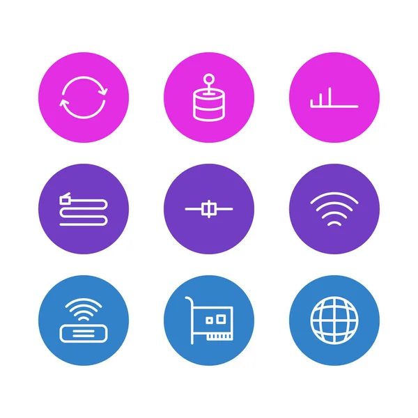 Ilustración de 9 iconos web estilo de línea. Conjunto editable de wifi, módem, cable y otros elementos del icono . — Foto de Stock