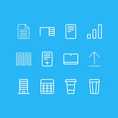 12 ofis simgesi çizgisi biçiminin vektör illüstrasyonu. Düzenlenebilir sayfa, masa, cappuccino ve diğer simge ögeleri kümesi.