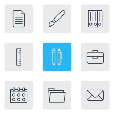 9 enstrüman simgesi çizgi biçiminin vektör illüstrasyonu. Düzenlenebilir takvim, dosya, zarf ve diğer simge ögeleri kümesi.