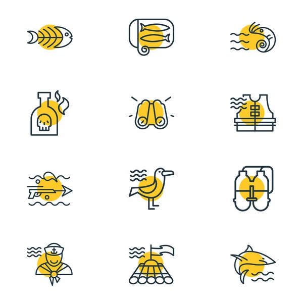 Ilustración vectorial de 12 iconos del mar estilo de línea. Conjunto editable de tanque doble, gamba, hueso de pescado y otros elementos del icono . — Archivo Imágenes Vectoriales