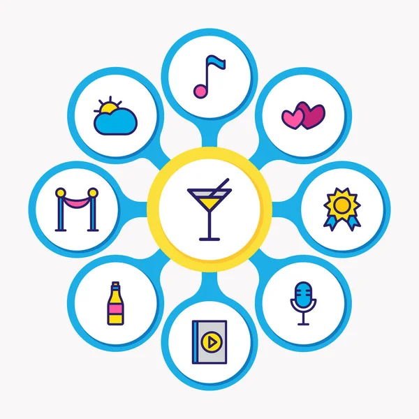 Vector illustration of 9 entertainment icons colored line. Editable set of microphone, alcohol, award and other icon elements. — Stock Vector
