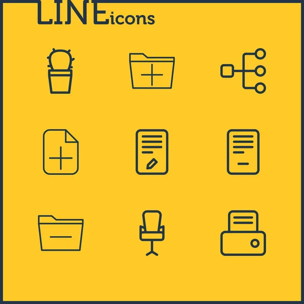 Ilustrace 9 ikon úřadu styl čáry. Upravitelná sada struktur, odstraňování, kancelářská židle a další prvky ikon. — Stock fotografie