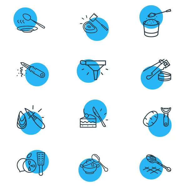 Illustratie van 12 keukengerei pictogrammen lijn stijl. Bewerkbare set van groenteschiller, vleeshamer, zester en andere icoon elementen. — Stockfoto