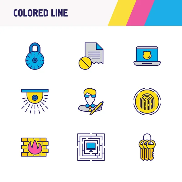 Ilustración de 9 iconos de datos línea de color. Conjunto editable de computadora protegida, archivo dañado, derechos de autor y otros elementos del icono . —  Fotos de Stock
