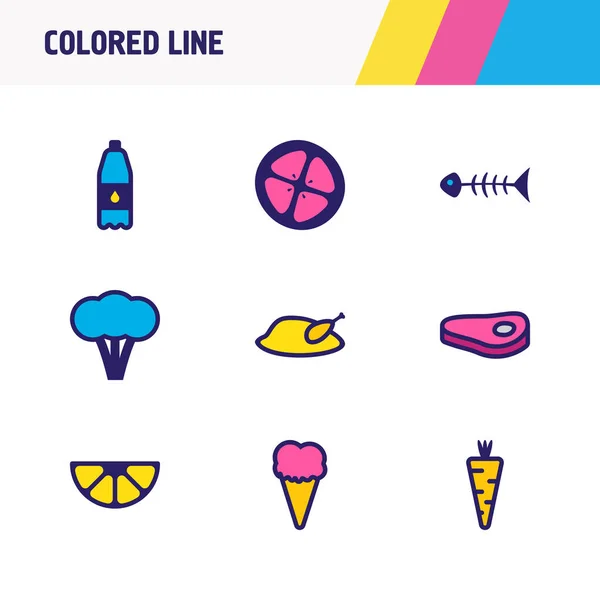Abbildung von 9 Essen Symbole farbige Linie. editierbares Set aus Fleisch, Huhn, Tomatenscheibe und anderen Symbolelementen. — Stockfoto