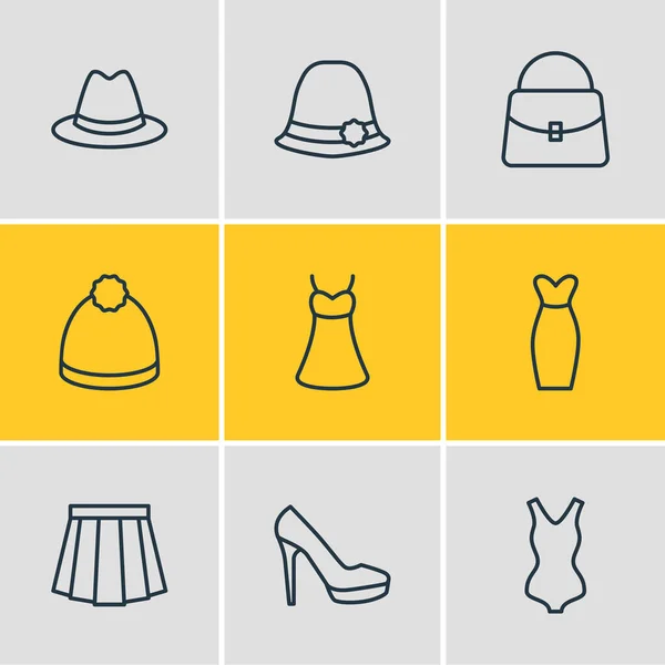 Ilustración de 9 iconos de vestido estilo de línea. Conjunto editable de bolsa, falda, panama y otros elementos del icono . —  Fotos de Stock