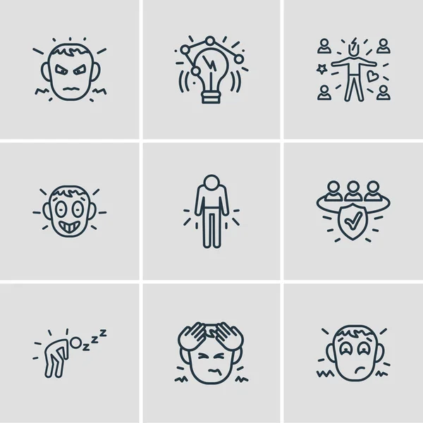 Illusztrációja 9 érzelmek ikonok vonal stílus. Szerkeszthető kudarc, vonzza az embereket, az innováció és más ikon elemek. — Stock Fotó