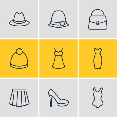 9 giysi simgesi çizgisi biçiminin vektör illüstrasyonu. Düzenlenebilir çanta, etek, panama ve diğer simge ögeleri.