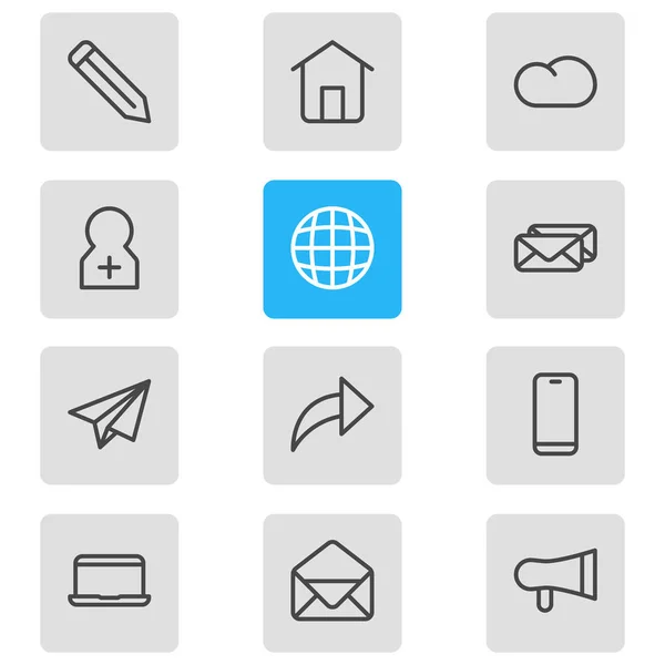 Ilustración vectorial de 12 iconos de contacto estilo de línea. Conjunto editable de portátil, sobre, bolígrafo y otros elementos del icono . — Vector de stock