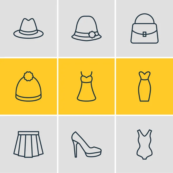 Illustration vectorielle de 9 icônes de vêtement style ligne. Ensemble modifiable de sac, jupe, panama et autres éléments d'icône . — Image vectorielle