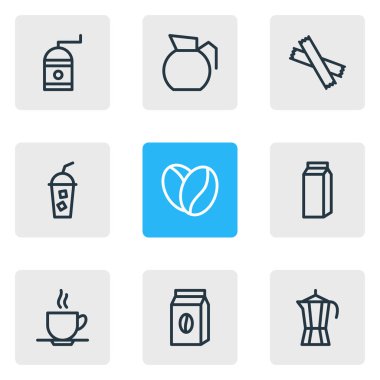 9 içki ikonu çizgisinin vektör çizimi. Düzenlenebilir cep sütü, şeker, süzgeç ve diğer simge elementleri.