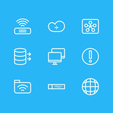 9 internet simgesi çizgisi biçiminin vektör çizimi. Uzak, hata, veri ve diğer simge ögelerinin düzenlenebilir kümesi.