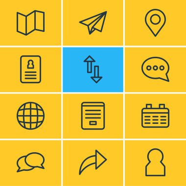 12 toplumsal simge çizgisi biçiminin vektör illüstrasyonu. Düzenlenebilir sohbet kümesi, konum, iletişim formu ve diğer simge ögeleri.