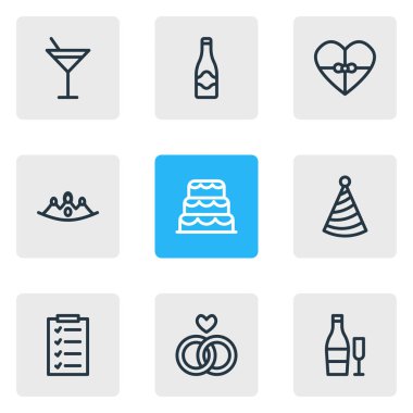 9 tatil simgesi çizgisi biçiminin vektör illüstrasyonu. Düzenlenebilir kokteyl seti, liste, kalp hediyesi ve diğer simge ögeleri.