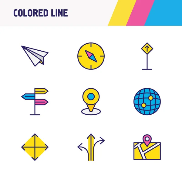Иллюстрация 9 значков местоположения цветной линии. Набор таблиц расположения, значков, расширений и других элементов иконок . — стоковое фото