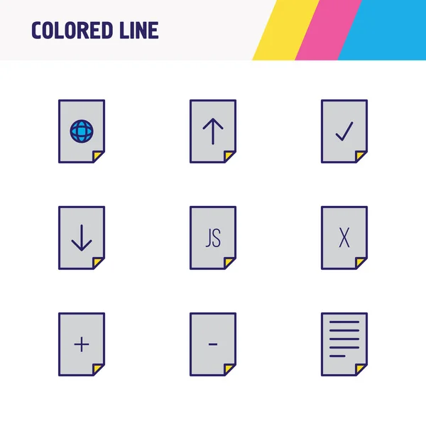 Ilustración vectorial de 9 iconos de papel de línea de color. Conjunto editable de archivo correcto, eliminar archivo, añadir archivo y otros elementos del icono . — Vector de stock