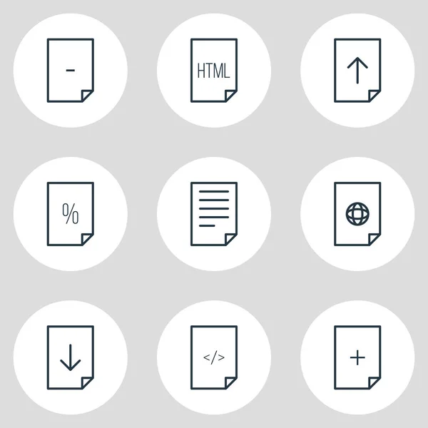 Illustrazione vettoriale di 9 icone del documento in stile linea. Set modificabile di elementi di upload, codice, web e altre icone . — Vettoriale Stock