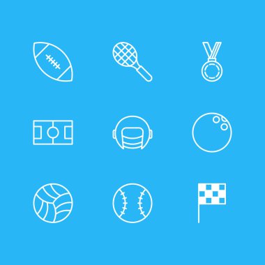 9 fitness simgesi çizgisi çizimi. Düzenlenebilir ragbi takımı, bowling, ödül ve diğer simge unsurları.