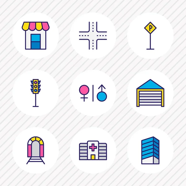 Vektor illusztrációja 9 városi ikonok színes vonal. Parkolótábla, keresztút, áruház és egyéb ikonelemek szerkeszthető készlete. — Stock Vector