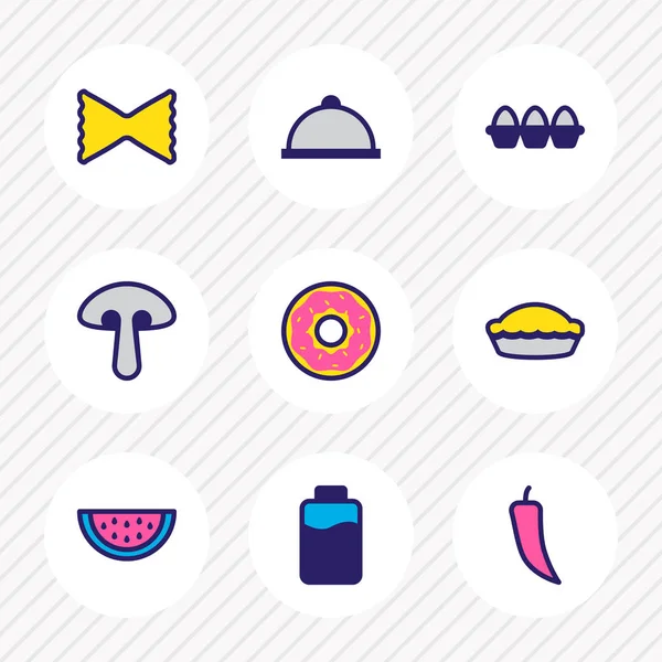 Ilustración vectorial de 9 iconos de alimentos línea de color. Conjunto editable de pastel, huevos, comida y otros elementos del icono . — Archivo Imágenes Vectoriales