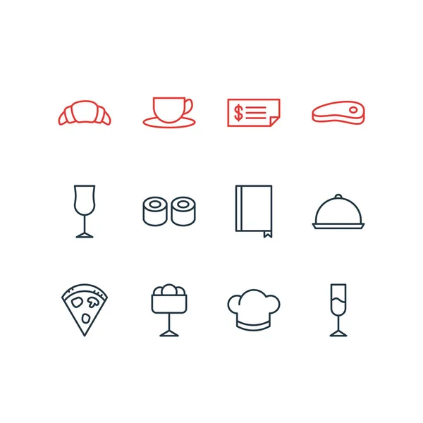 Ilustración de 12 iconos de comer estilo de línea. Conjunto editable de pico, croissant, pizza y otros elementos del icono . —  Fotos de Stock