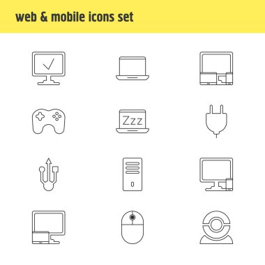 12 dizüstü bilgisayar simge çizgisi biçiminin vektör çizimi. Düzenlenebilir masaüstü bilgisayar seti, Pc, laptop ve diğer simge ögeleri ile telefon.