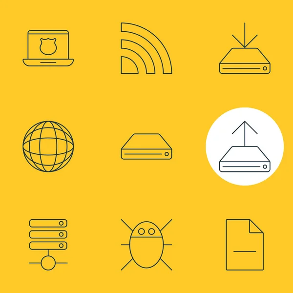 illustration of 9 internet icons line style. Editable set of wifi, hard drive backup, globe and other icon elements.