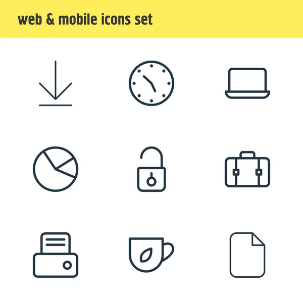 Illustration de 9 icônes de lieu de travail style ligne. Ensemble modifiable d'imprimante, thé, ordinateur portable et autres éléments d'icône . — Photo