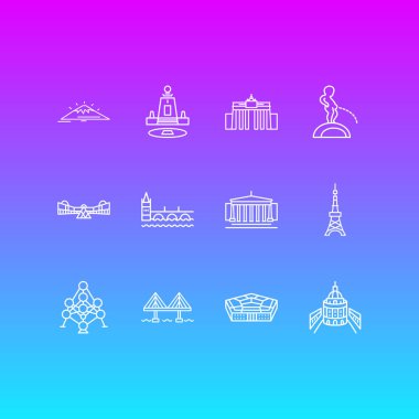 12 turizm ikonu çizimi. Düzenlenebilir Tokyo kulesi seti, Millau Köprüsü, dünyanın ortası ve diğer ikon elementler..