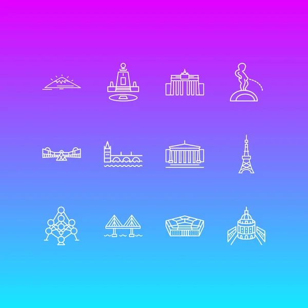 Illustration vectorielle de 12 icônes emblématiques du monde style ligne. Ensemble modifiable de tour tokyo, pont millau, milieu de la terre et autres éléments d'icône . — Image vectorielle