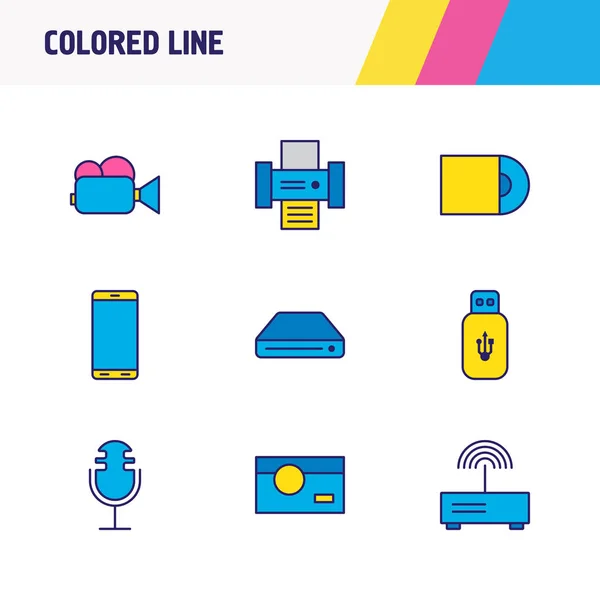 Ilustración vectorial de 9 iconos de gadget línea de color. Conjunto editable de cámara de vídeo, router, teléfono y otros elementos del icono . — Archivo Imágenes Vectoriales