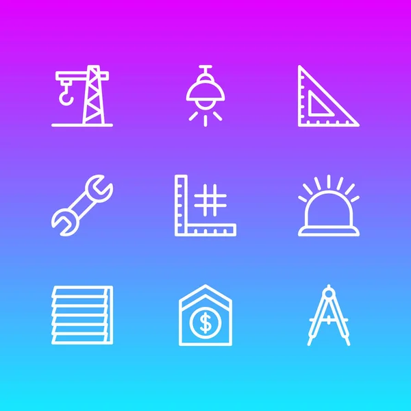 Ilustración de 9 iconos de la industria estilo de línea. Conjunto editable de seguridad, grúa, vender casa y otros elementos de icono . — Foto de Stock