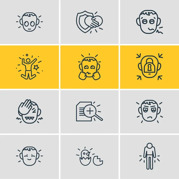 Illusztrációja 12 emoji ikonok vonal stílus. Szerkeszthető sor szánalmas, kutatás, bűnös és egyéb ikon elemek. — Stock Fotó