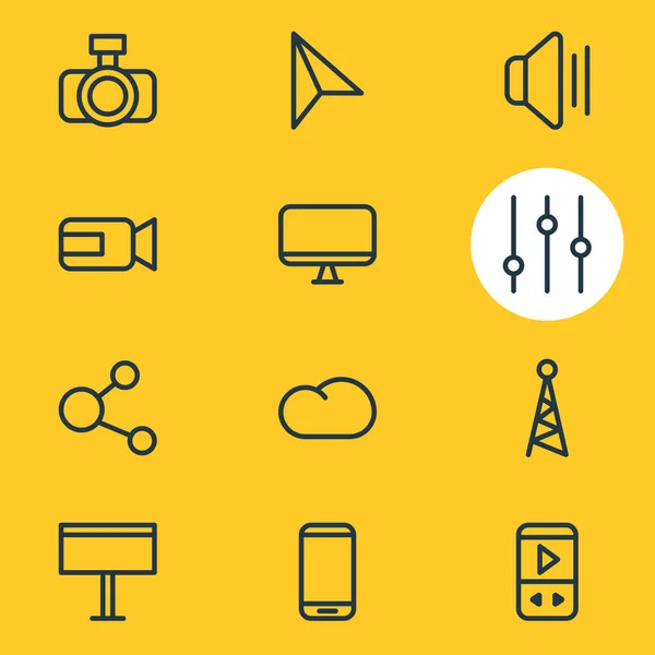 illustration of 12 media icons line style. Editable set of camcorder, cloud, share and other icon elements.